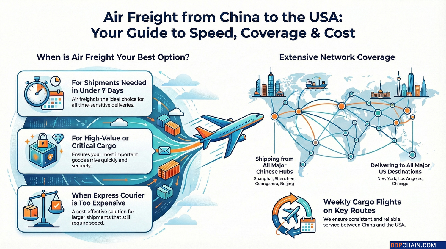 Infographic explaining air freight shipping from China to the USA with transit time, network coverage, and logistics benefits