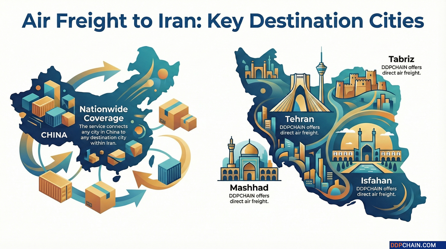 Infographic showing air freight routes from China to Iran with destination cities Tehran, Mashhad, Isfahan, and Tabriz