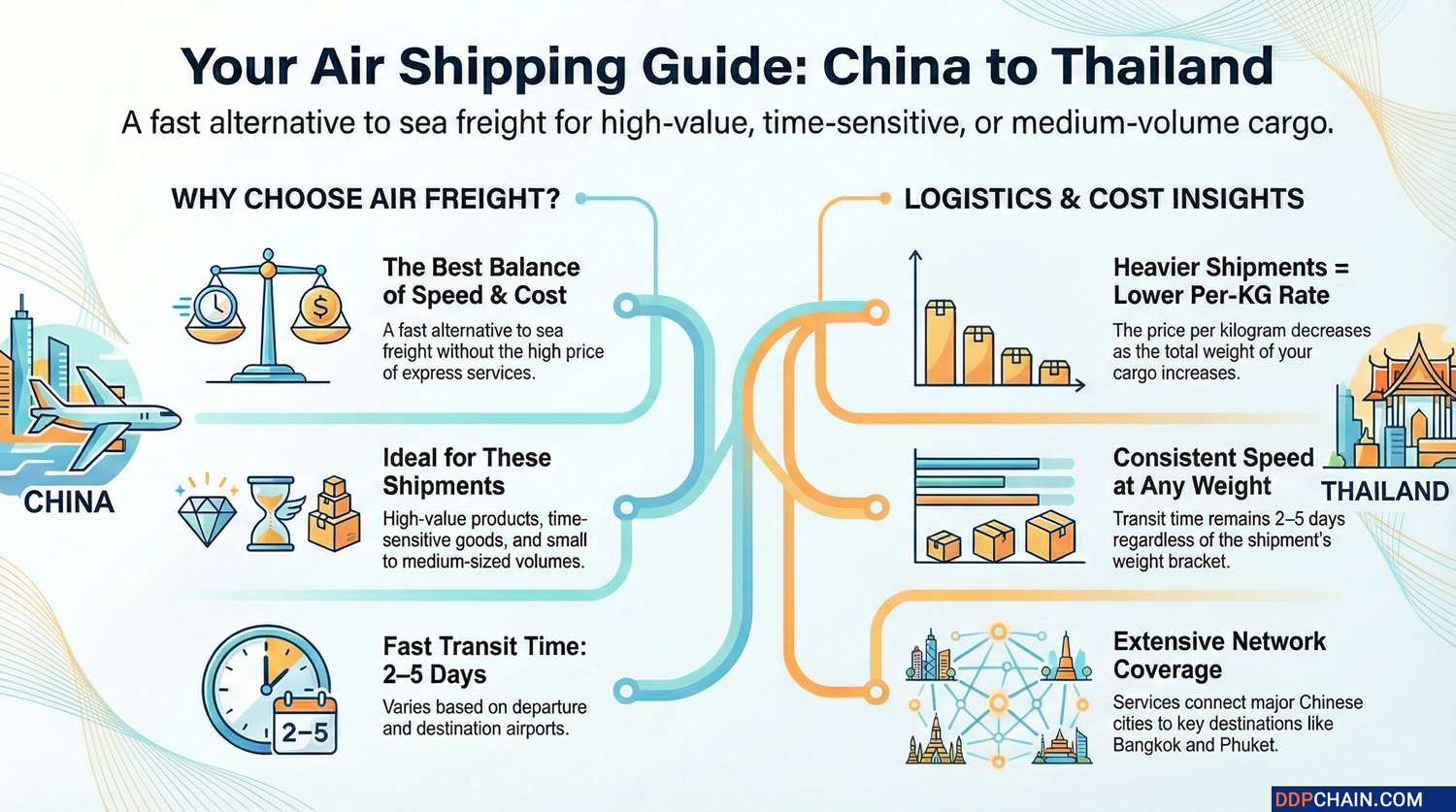 Infographic explaining air freight shipping from China to Thailand with transit time, cost insights and logistics benefits