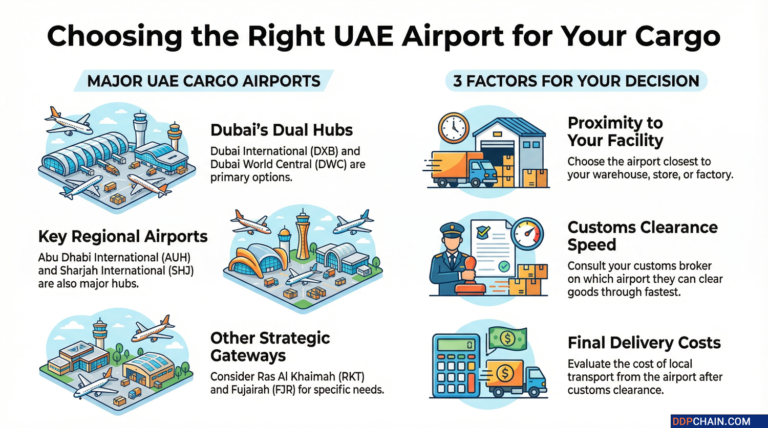Choosing the right UAE cargo airport infographic showing Dubai Abu Dhabi Sharjah options