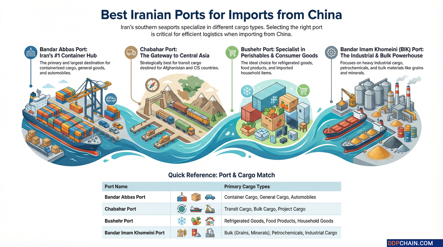 Infographic showing best Iranian seaports for imports from China including Bandar Abbas, Chabahar, Bushehr, and BIK