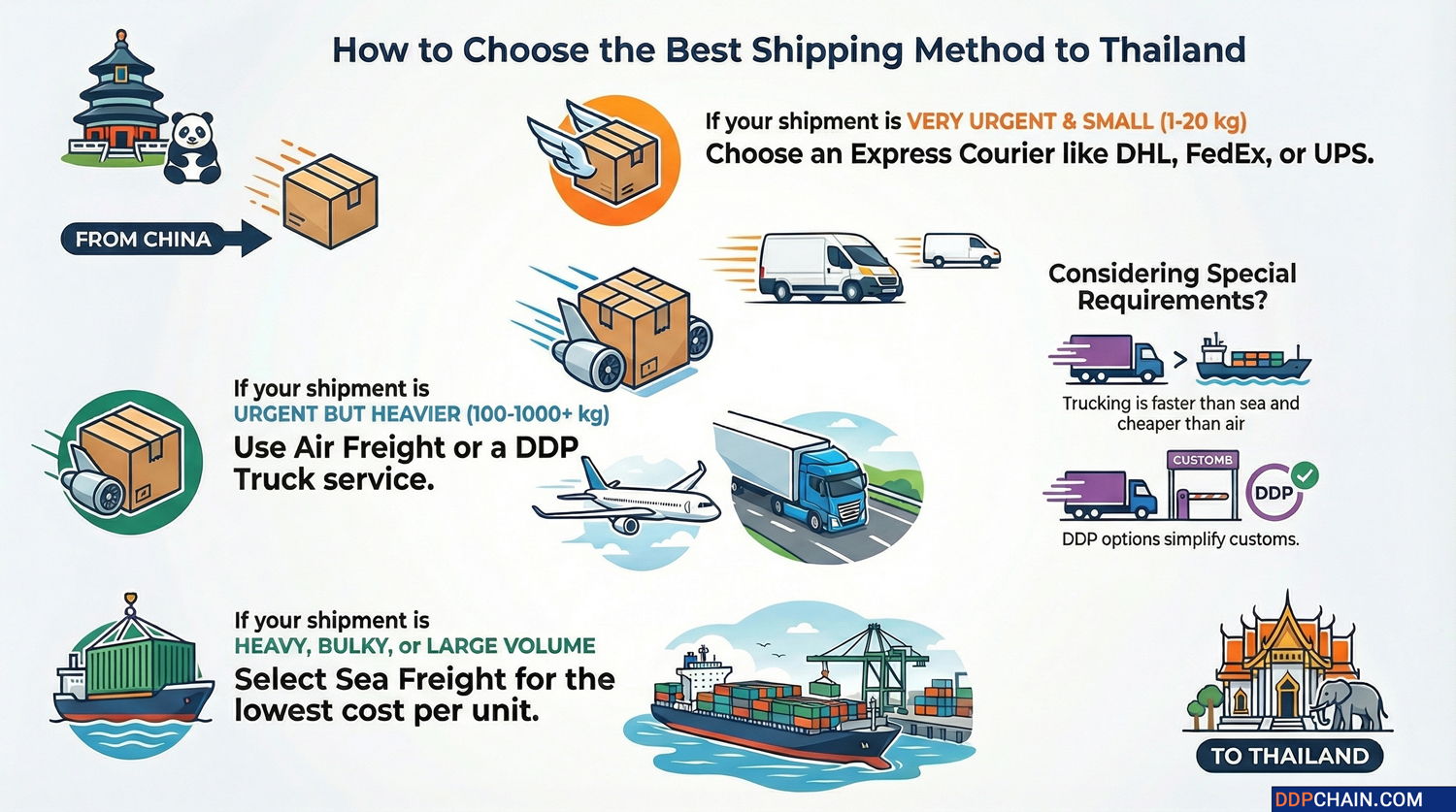 Infographic explaining how to choose the best shipping method from China to Thailand based on cargo size and urgency