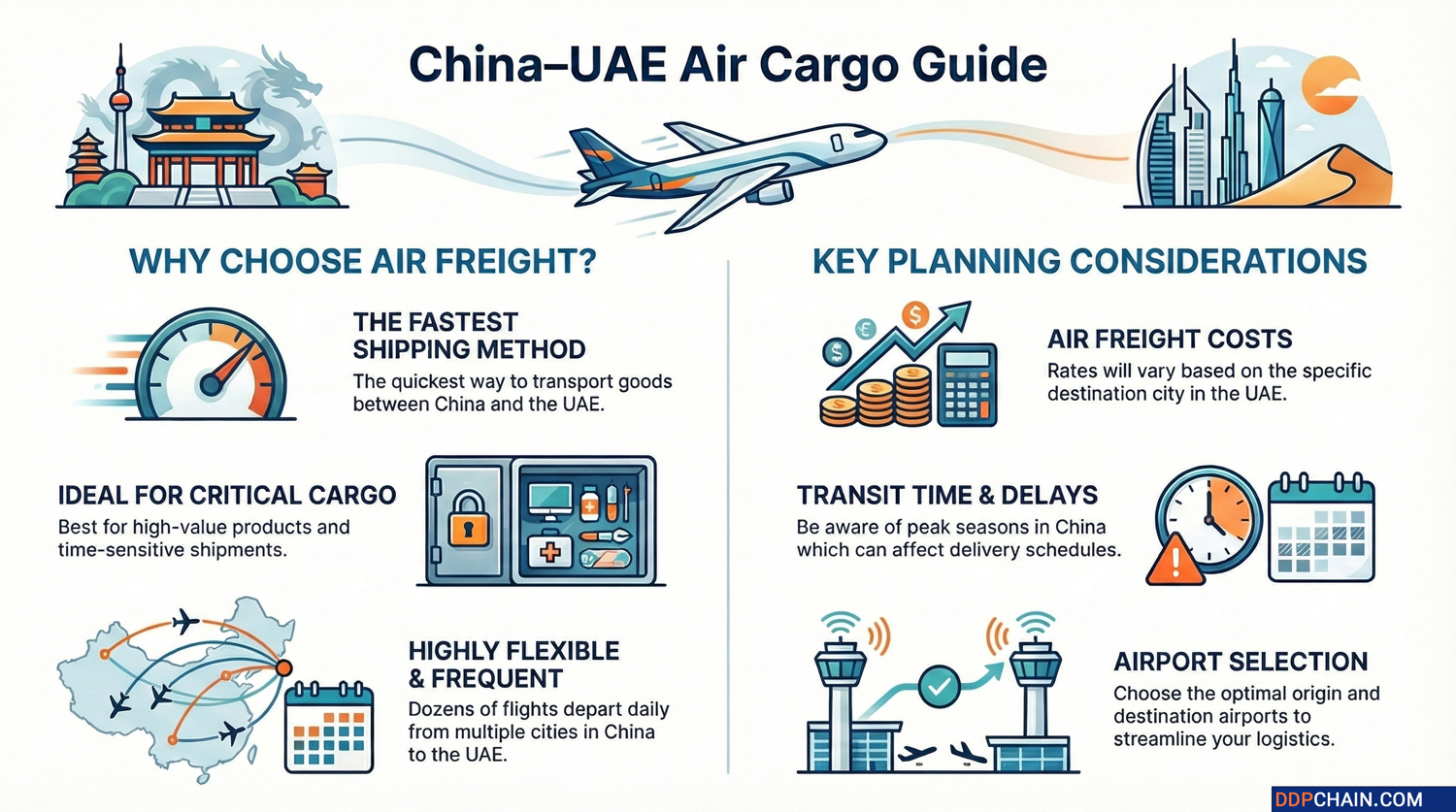 Air freight from China to UAE infographic explaining speed benefits costs and planning factors