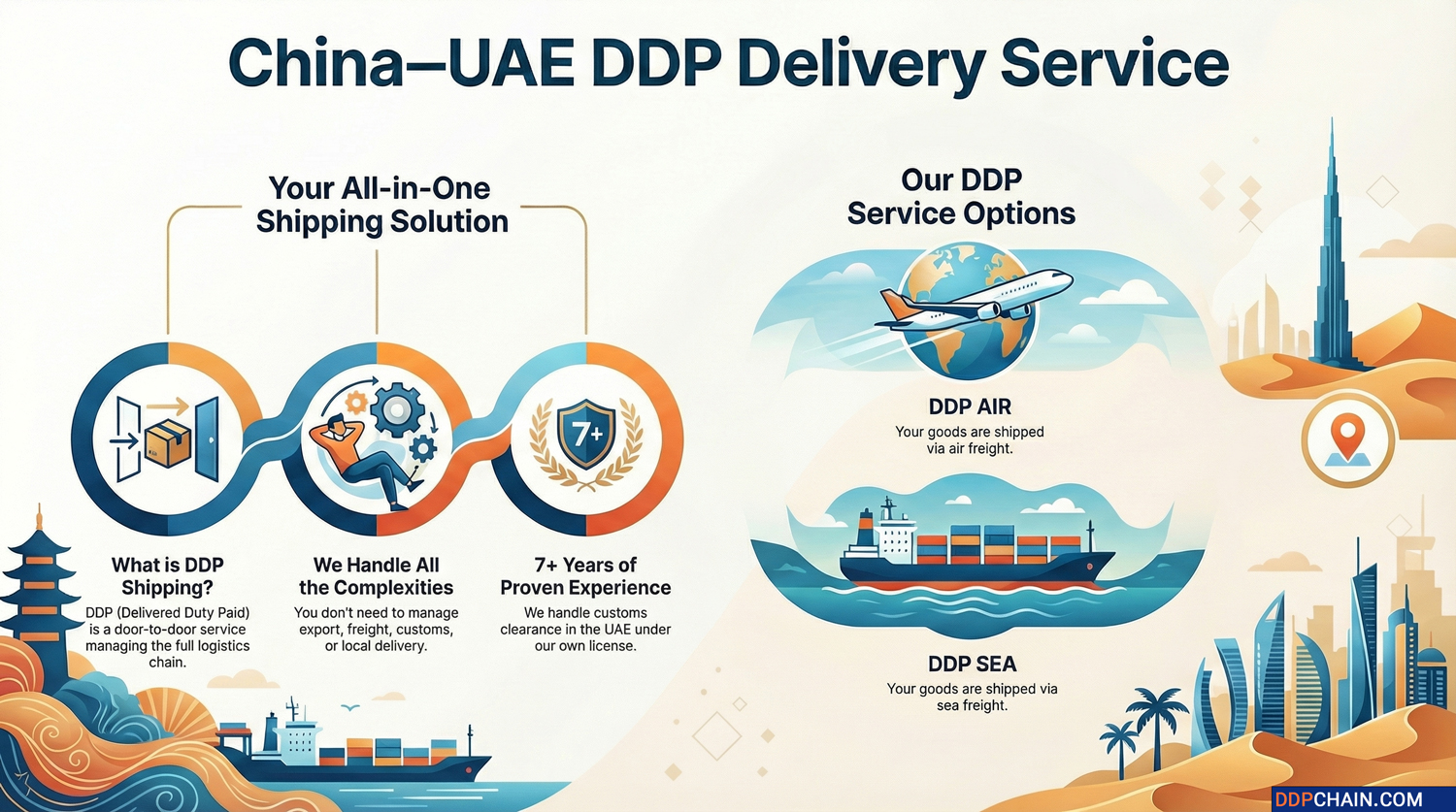 China to UAE DDP shipping service infographic showing door to door delivery options