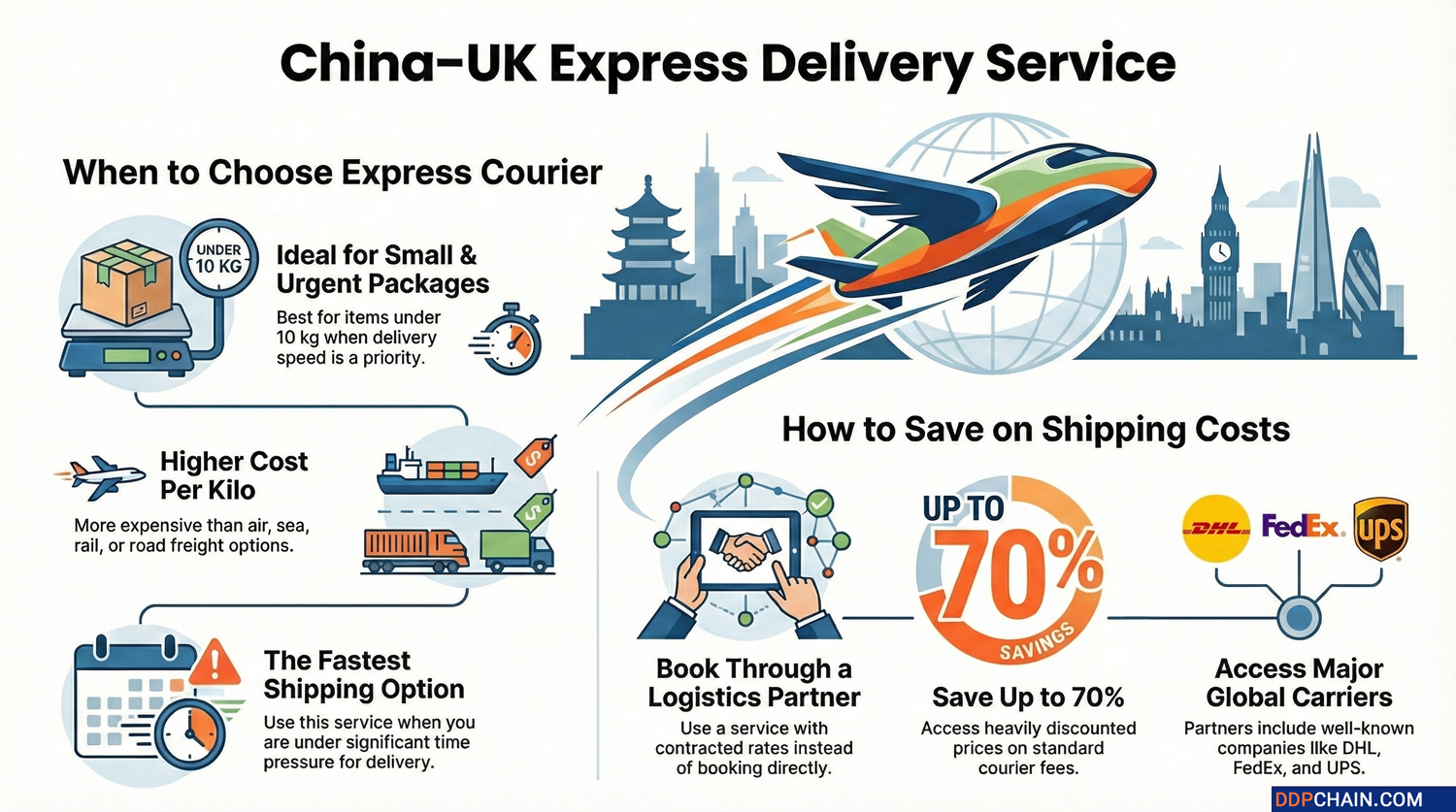 Express courier service from China to UK infographic showing fast delivery and shipping tips