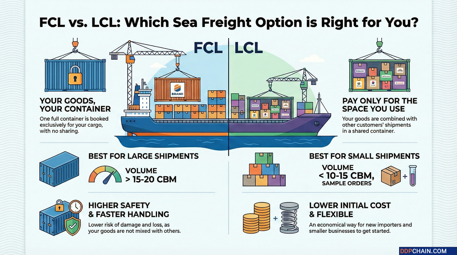 FCL vs LCL sea freight from China infographic comparing container shipping options
