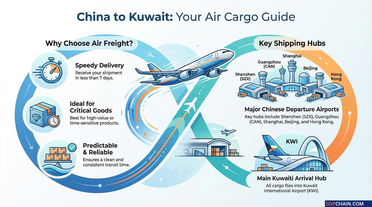 Air freight from China to Kuwait infographic showing shipping hubs, speed, and cargo benefits