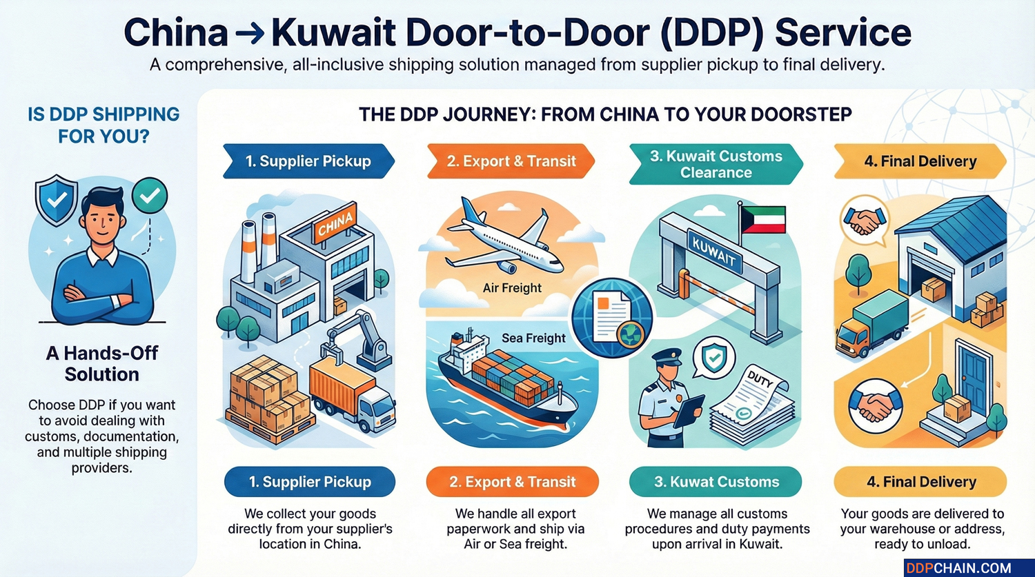 China to Kuwait DDP shipping infographic showing door-to-door logistics process and delivery steps