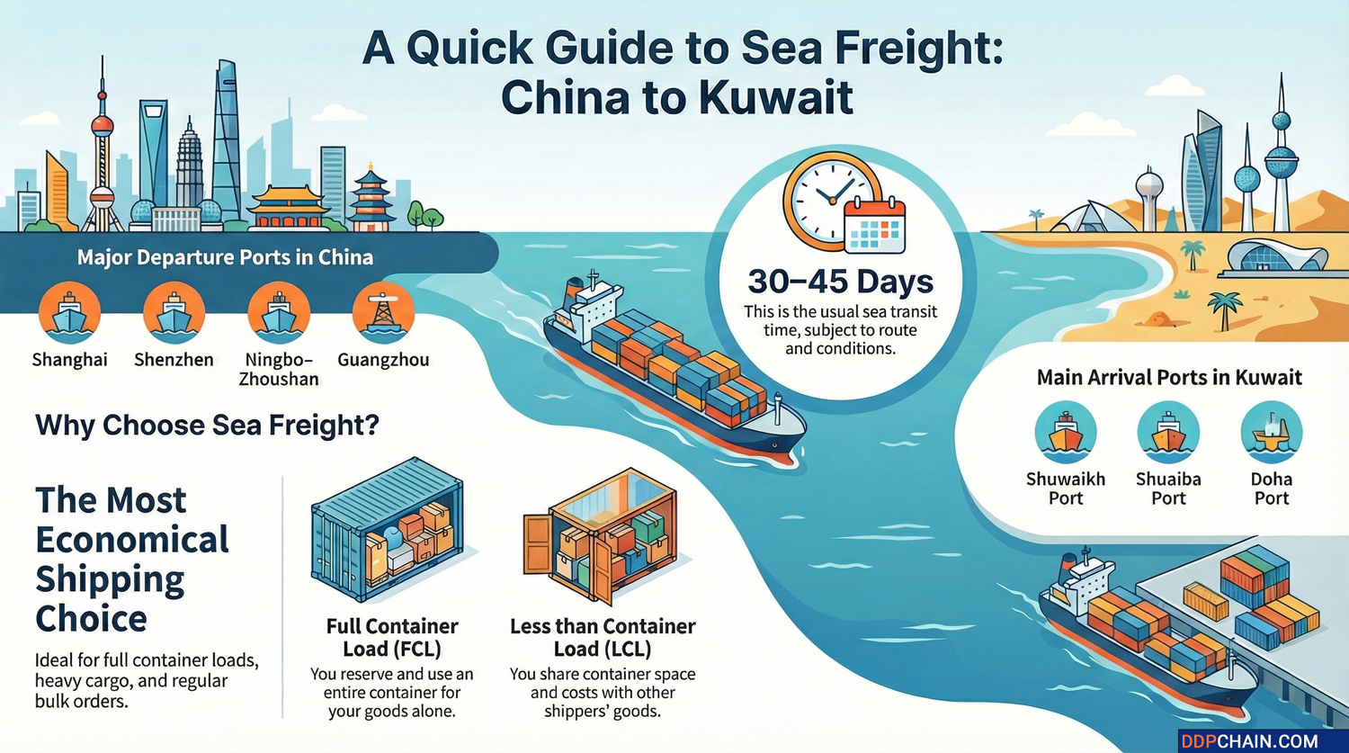 Sea freight from China to Kuwait infographic showing transit time, ports, and FCL LCL options