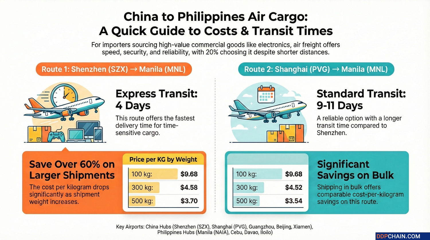 Infographic showing air freight from China to the Philippines with transit times and cost per kilogram comparison