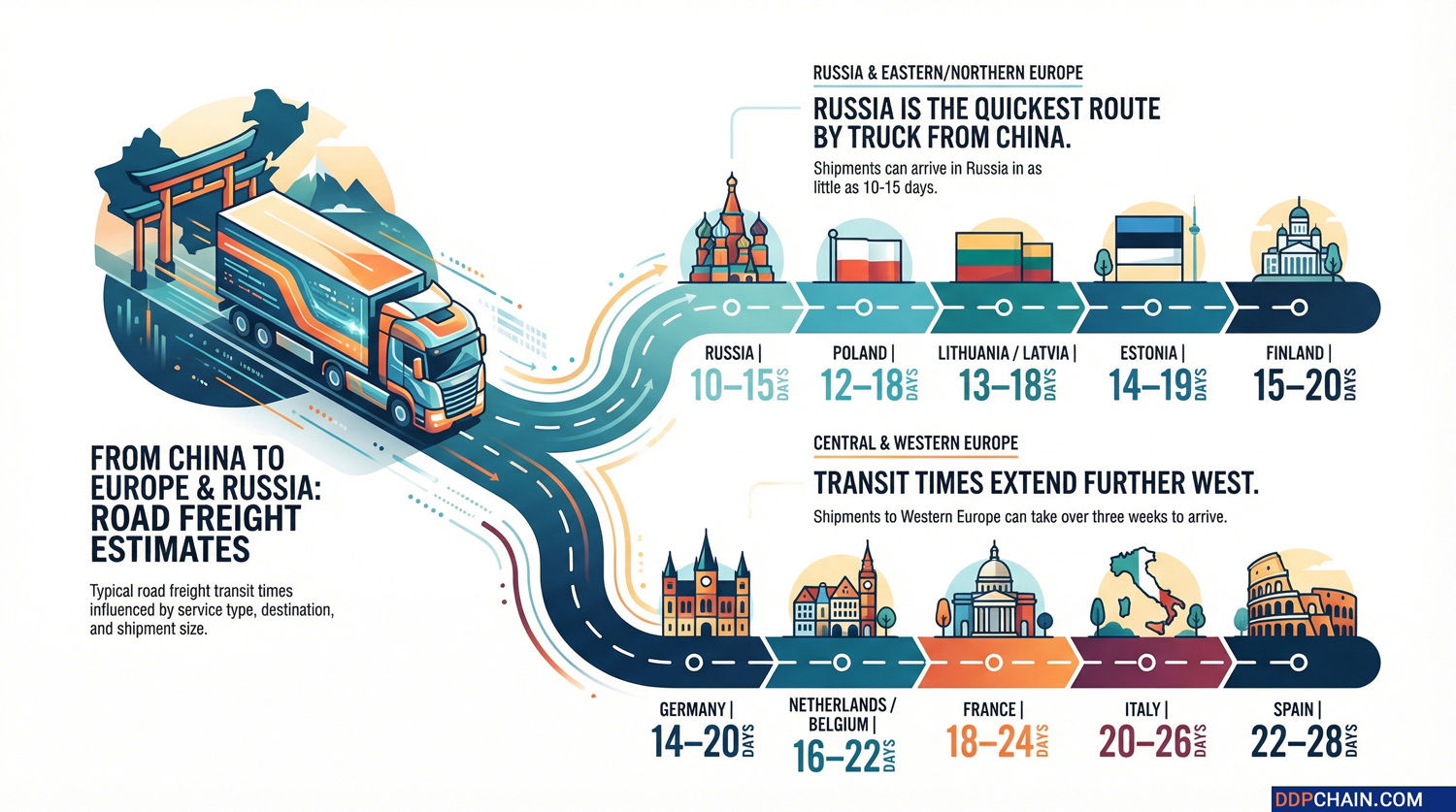 Trucking Freight From China Transit Time Trucking freight transit time from China infographic showing road freight routes to Europe