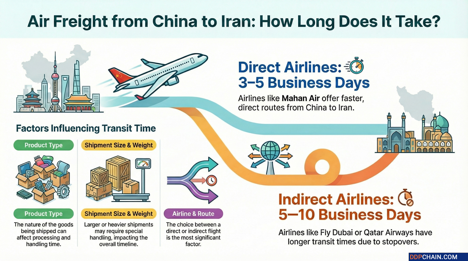 Infographic showing air freight transit time from China to Iran with direct and indirect flight options