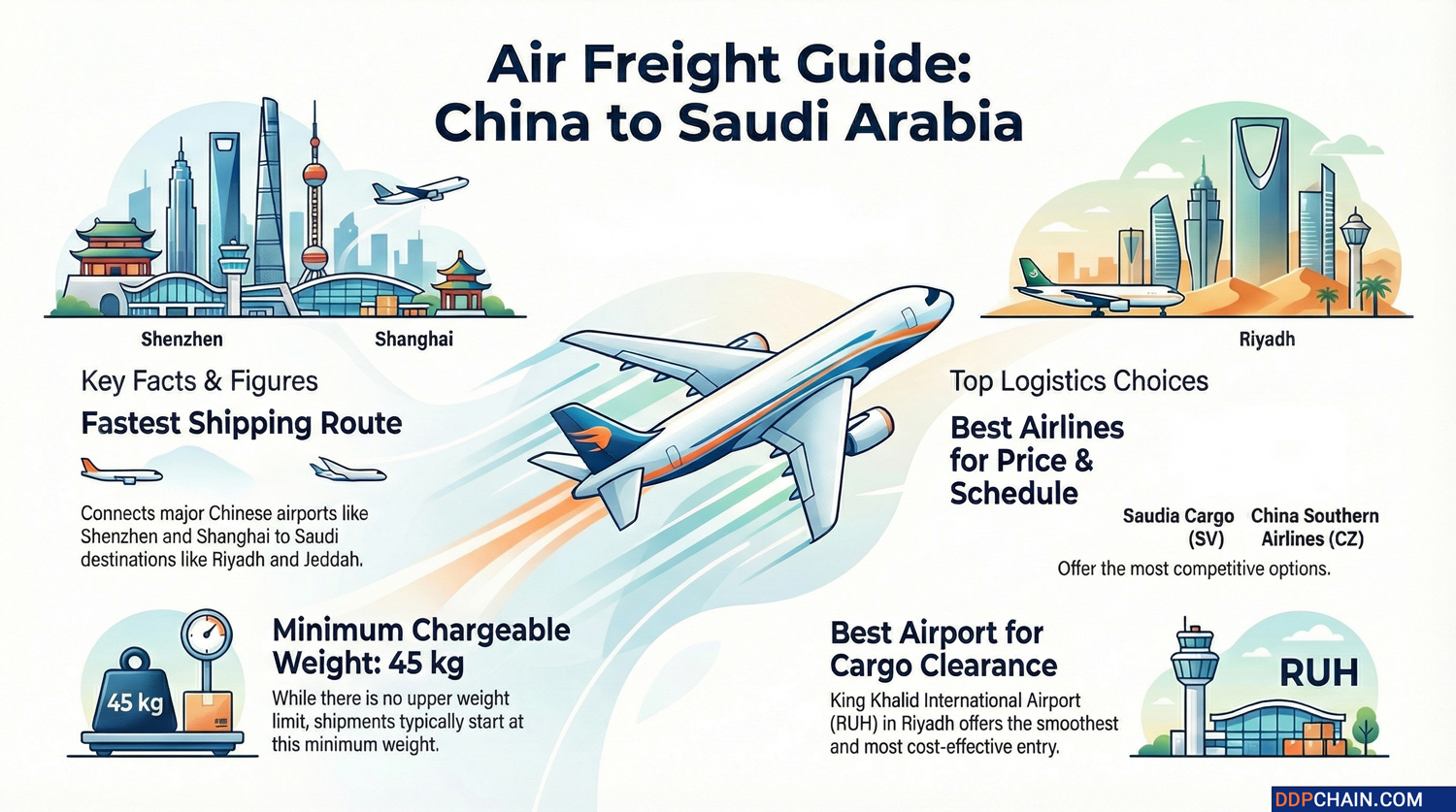 Infographic showing air freight from China to Saudi Arabia routes, airlines, airports and minimum cargo weight