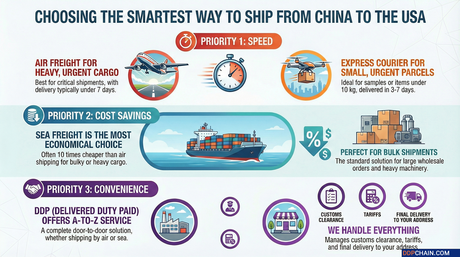 Infographic showing how to choose the best shipping method from China to the USA based on speed cost and convenience