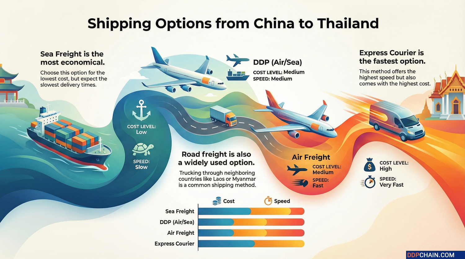 Infographic showing shipping methods from China to Thailand including sea freight, air freight, DDP and express courier