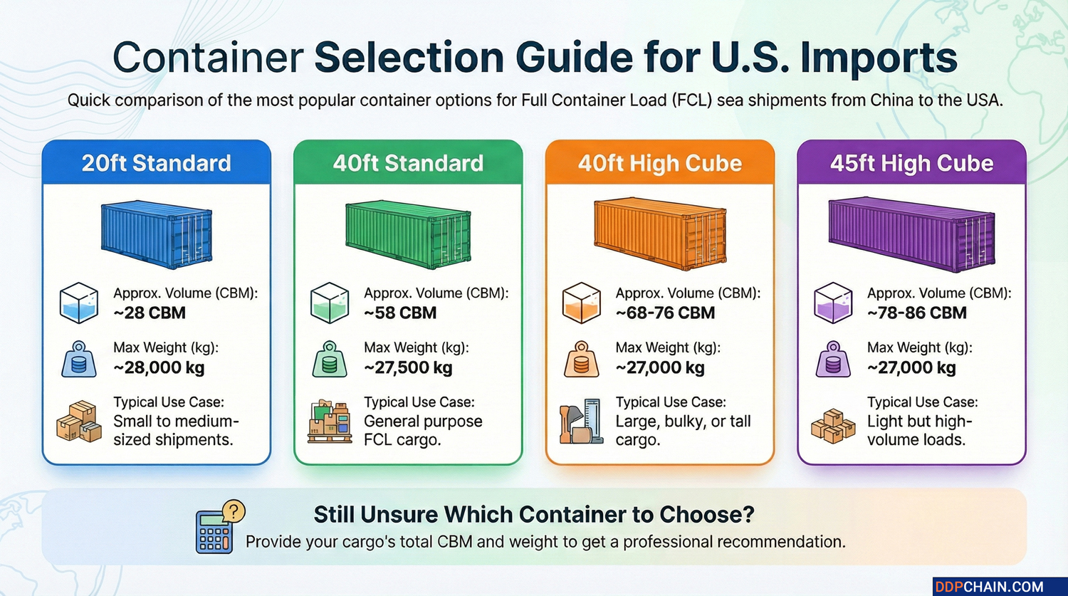 Infographic comparing shipping container sizes for China to USA sea freight including 20ft, 40ft, and high cube containers