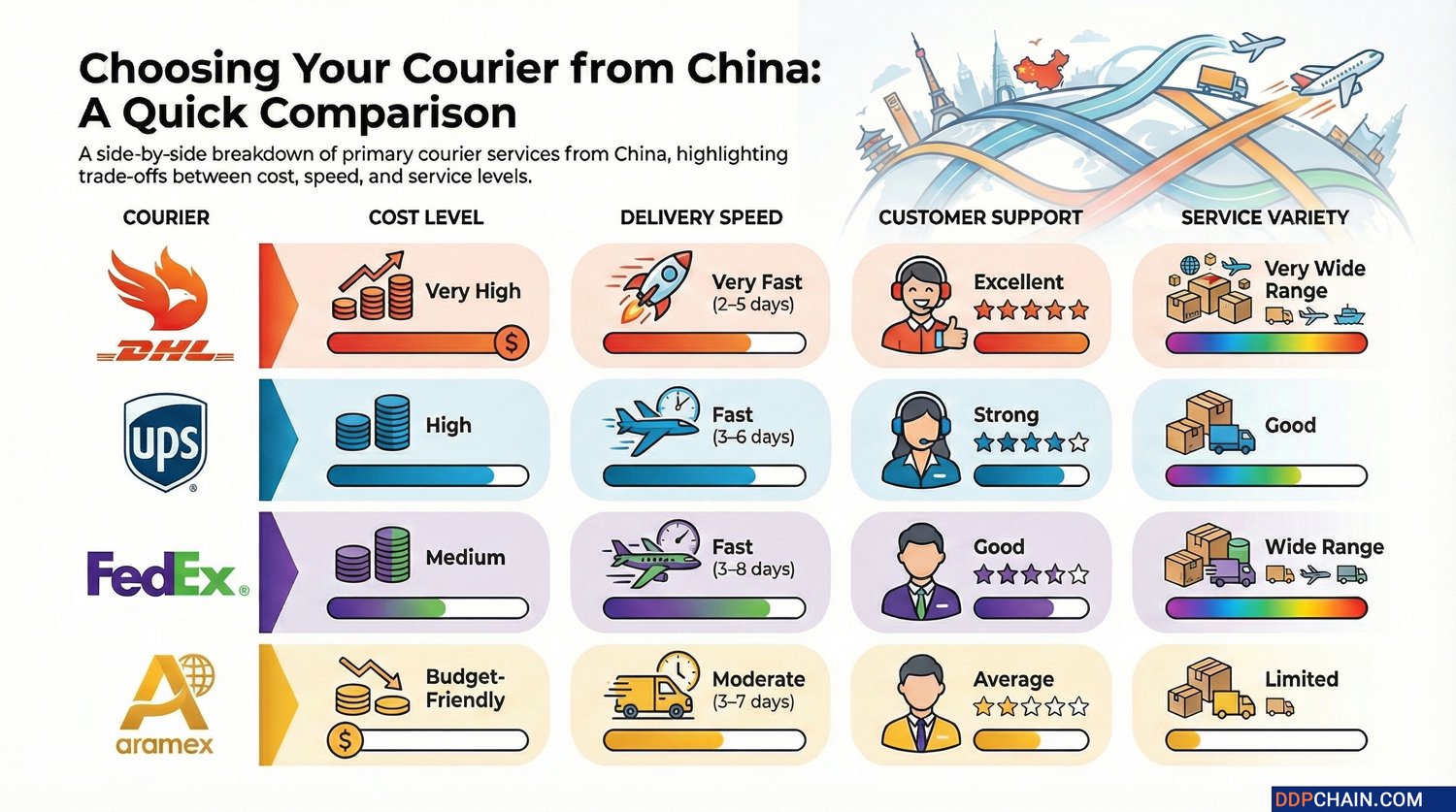Courier comparison from China infographic showing DHL UPS FedEx and Aramex delivery speed and cost