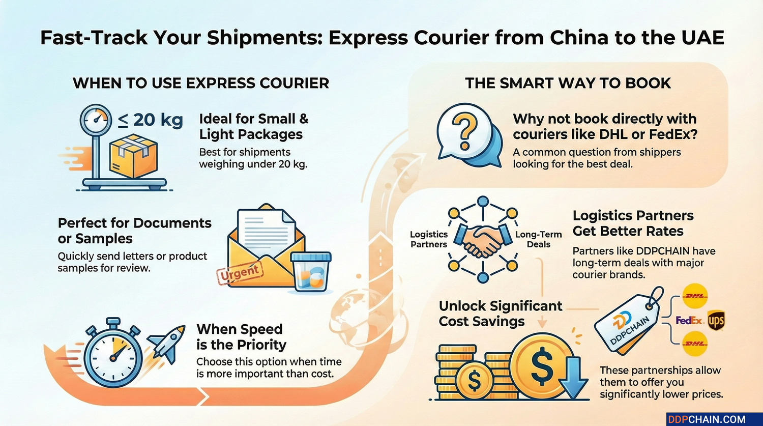Express courier service from China to UAE infographic showing fast shipping for small packages