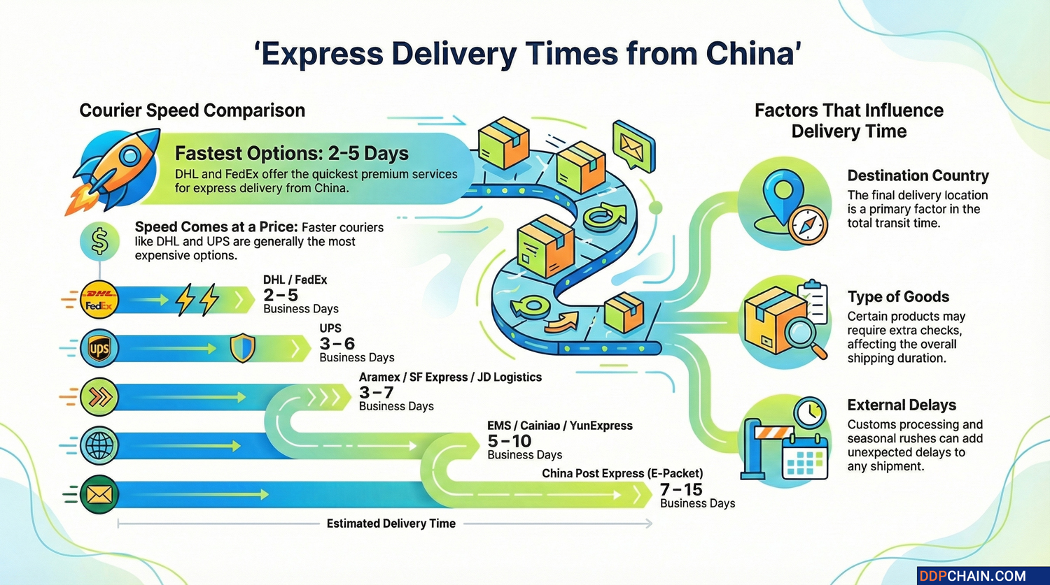 Express shipping from China infographic showing courier delivery times and logistics factors
