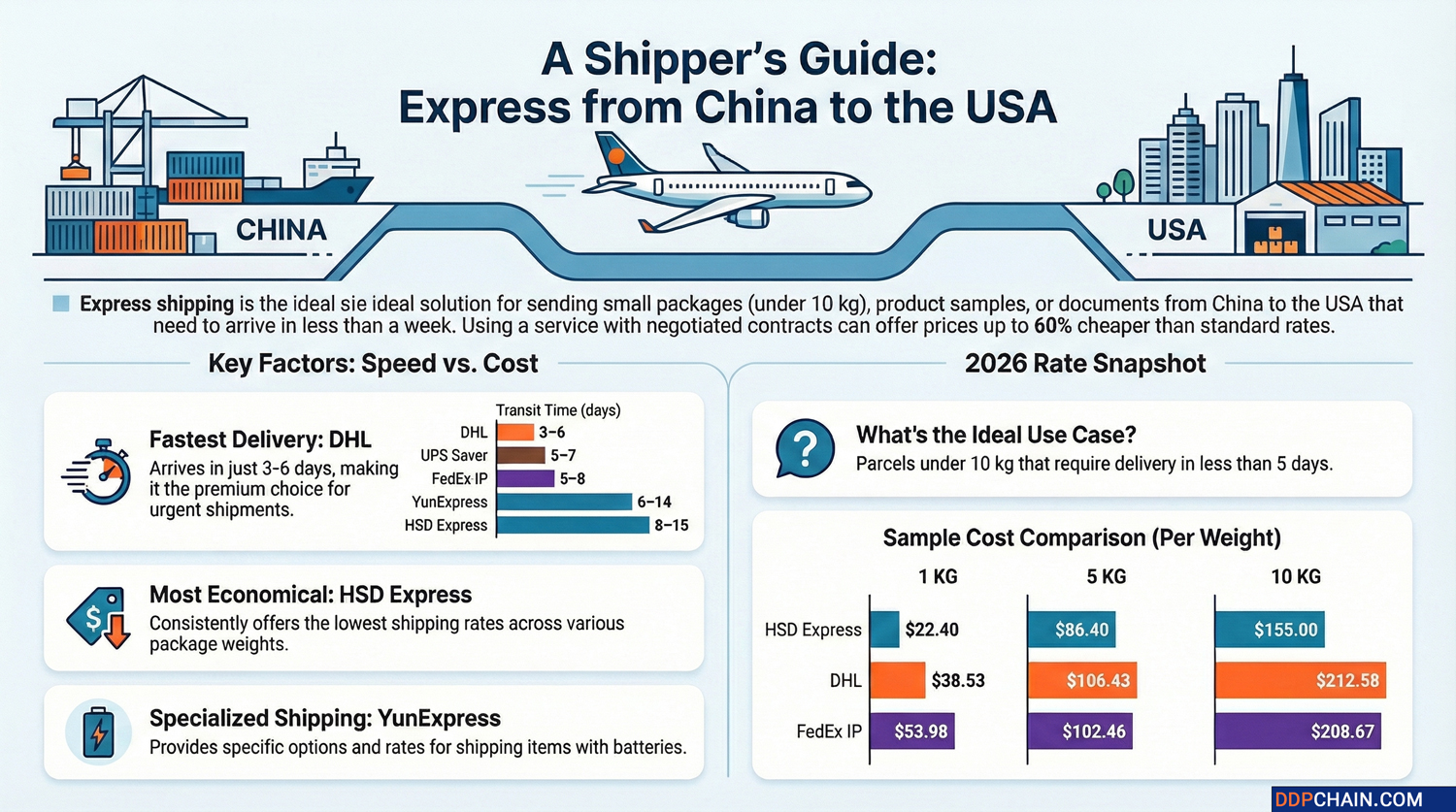 Express shipping from China to USA infographic showing courier delivery times and cost comparison for small parcels