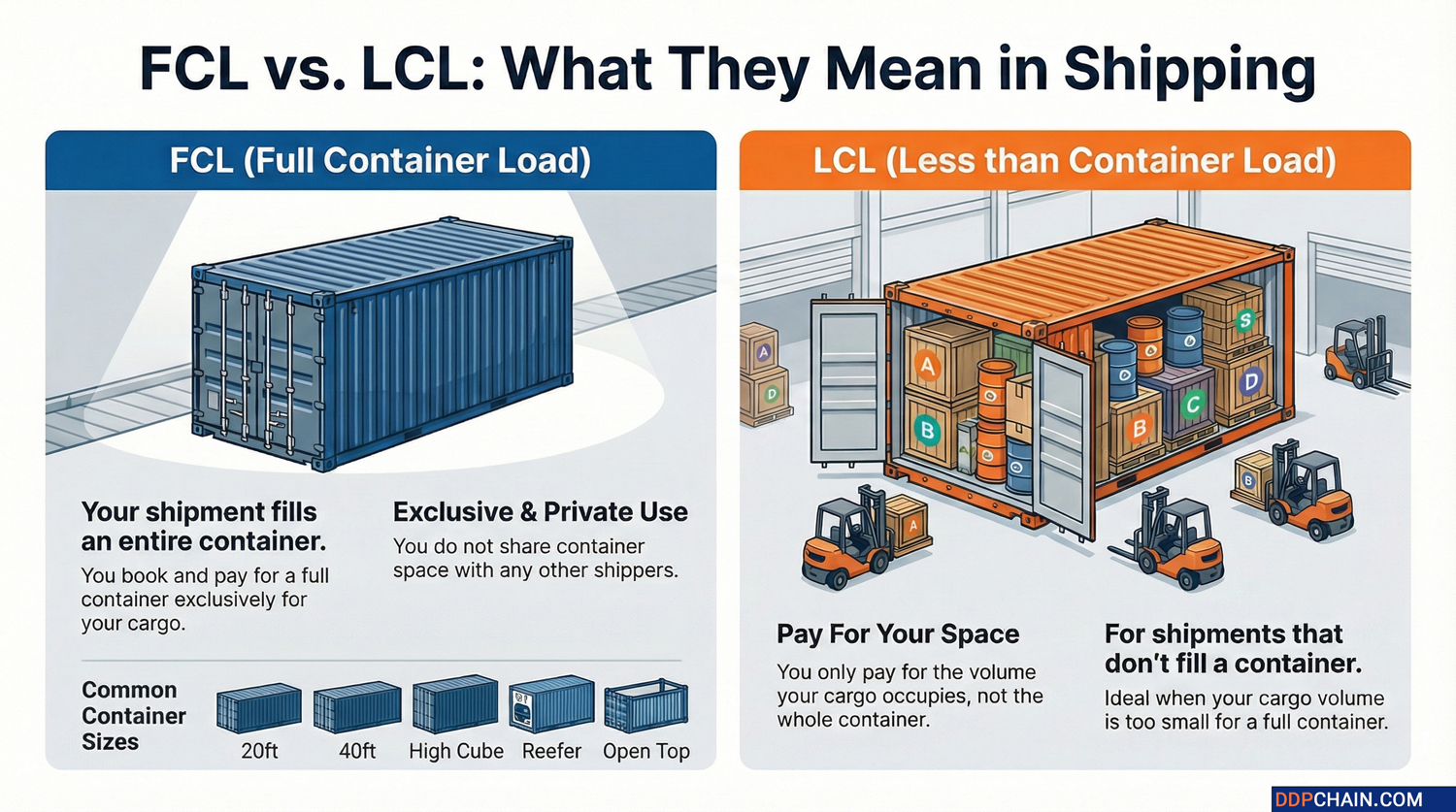 FCL Vs LCL Shipping Comparison FCL vs LCL shipping infographic comparing full container load and less than container load
