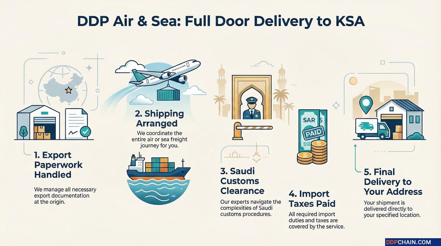 Infographic showing DDP door-to-door shipping from China to Saudi Arabia including export, customs clearance and delivery