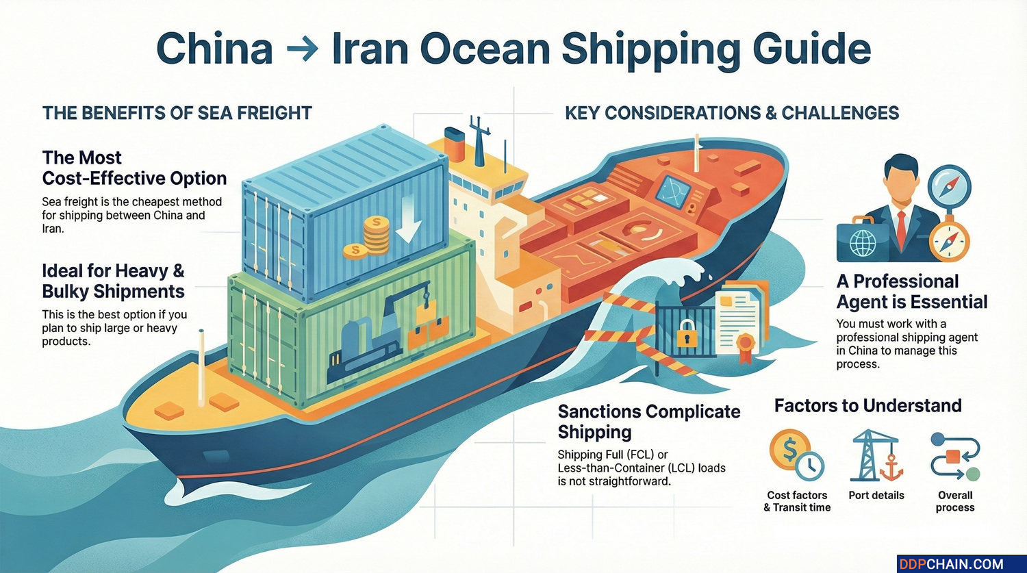 Infographic illustrating sea freight from China to Iran with container shipping benefits and logistics considerations