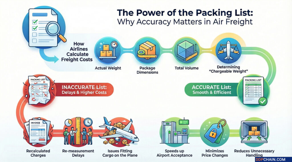 Infographic showing how packing list is used in air freight from China to calculate shipment weight