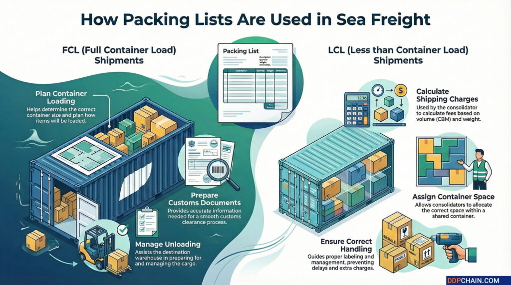 Infographic showing how packing list is used in sea freight from China for FCL and LCL shipments