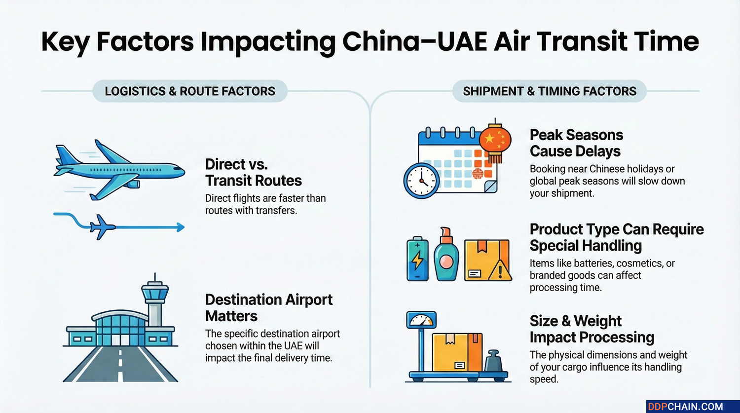 Factors affecting air freight transit time from China to UAE including routes seasons cargo size