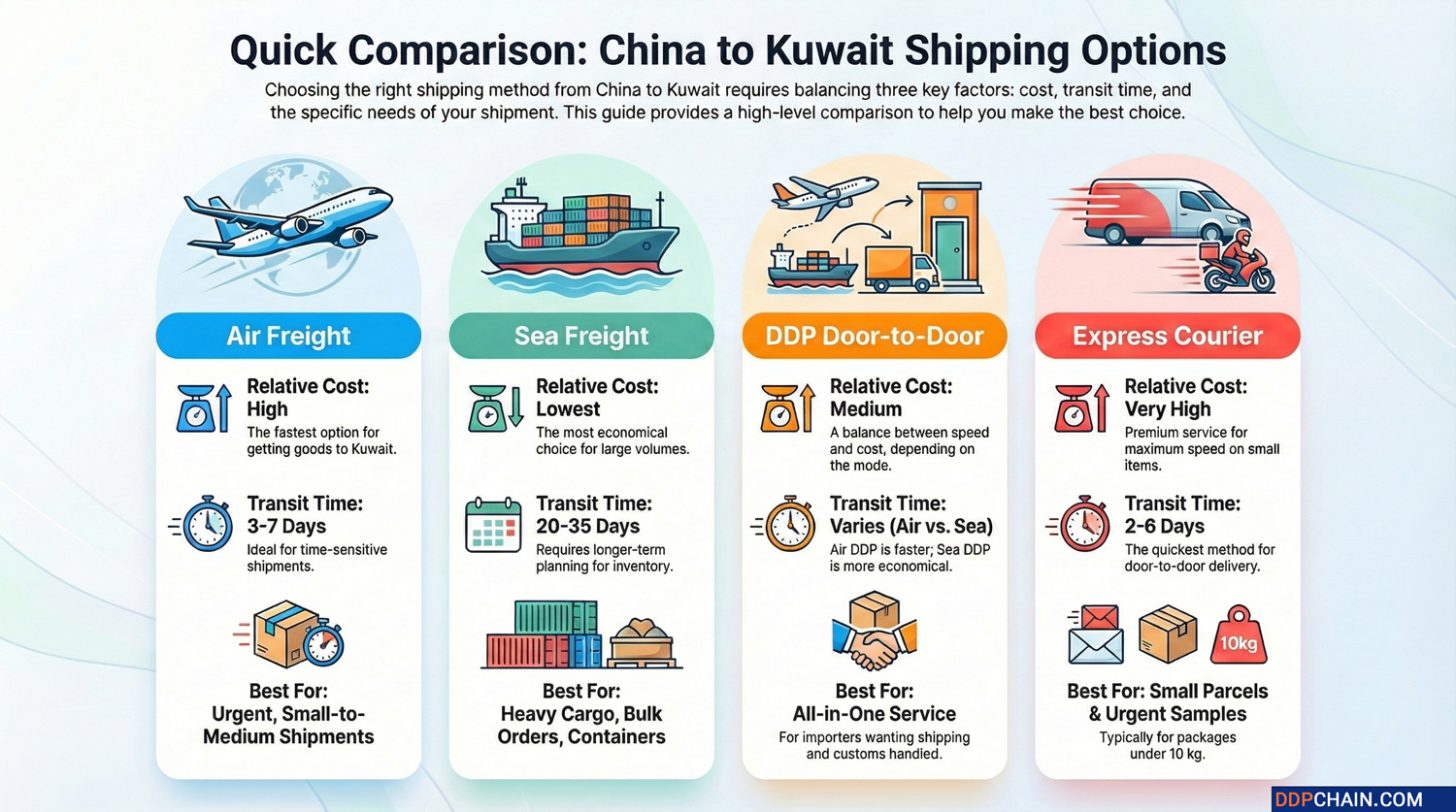 China to Kuwait shipping comparison infographic showing air freight, sea freight, DDP, and courier