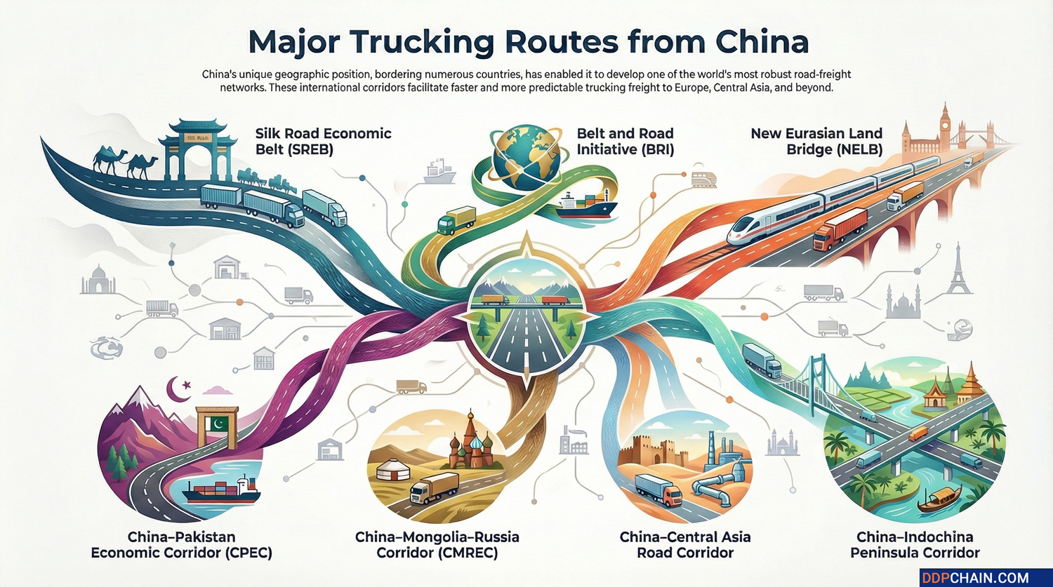 Major trucking routes from China infographic showing international road freight corridors and logistics connections