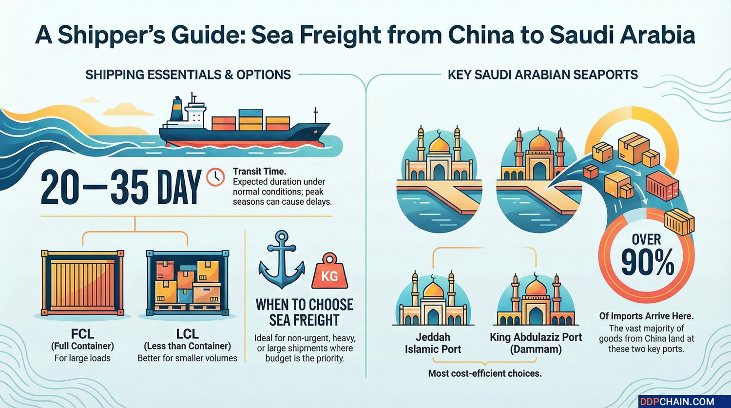 Infographic showing sea freight from China to Saudi Arabia with FCL, LCL options and major Saudi ports