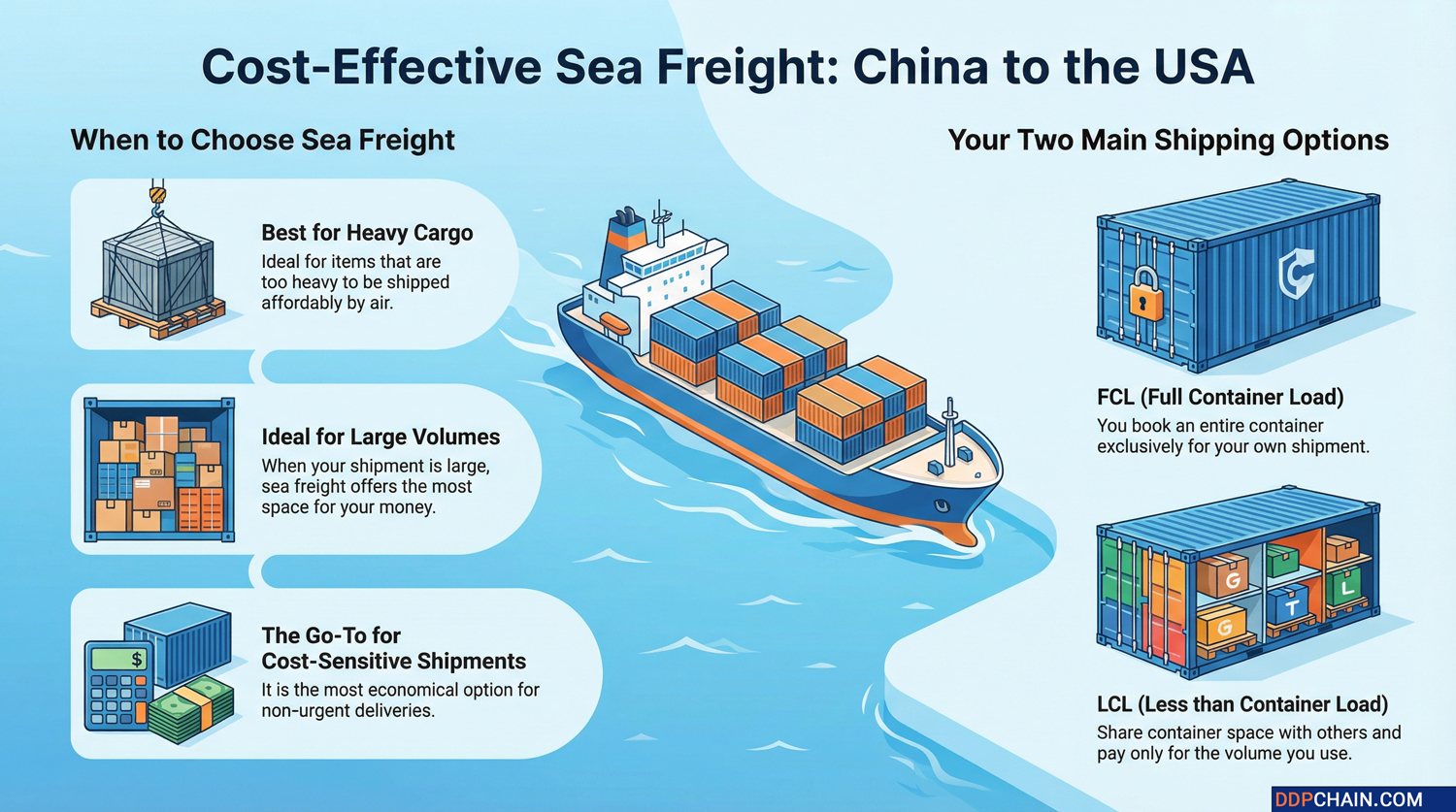 Infographic explaining sea freight shipping from China to the USA with FCL and LCL container options