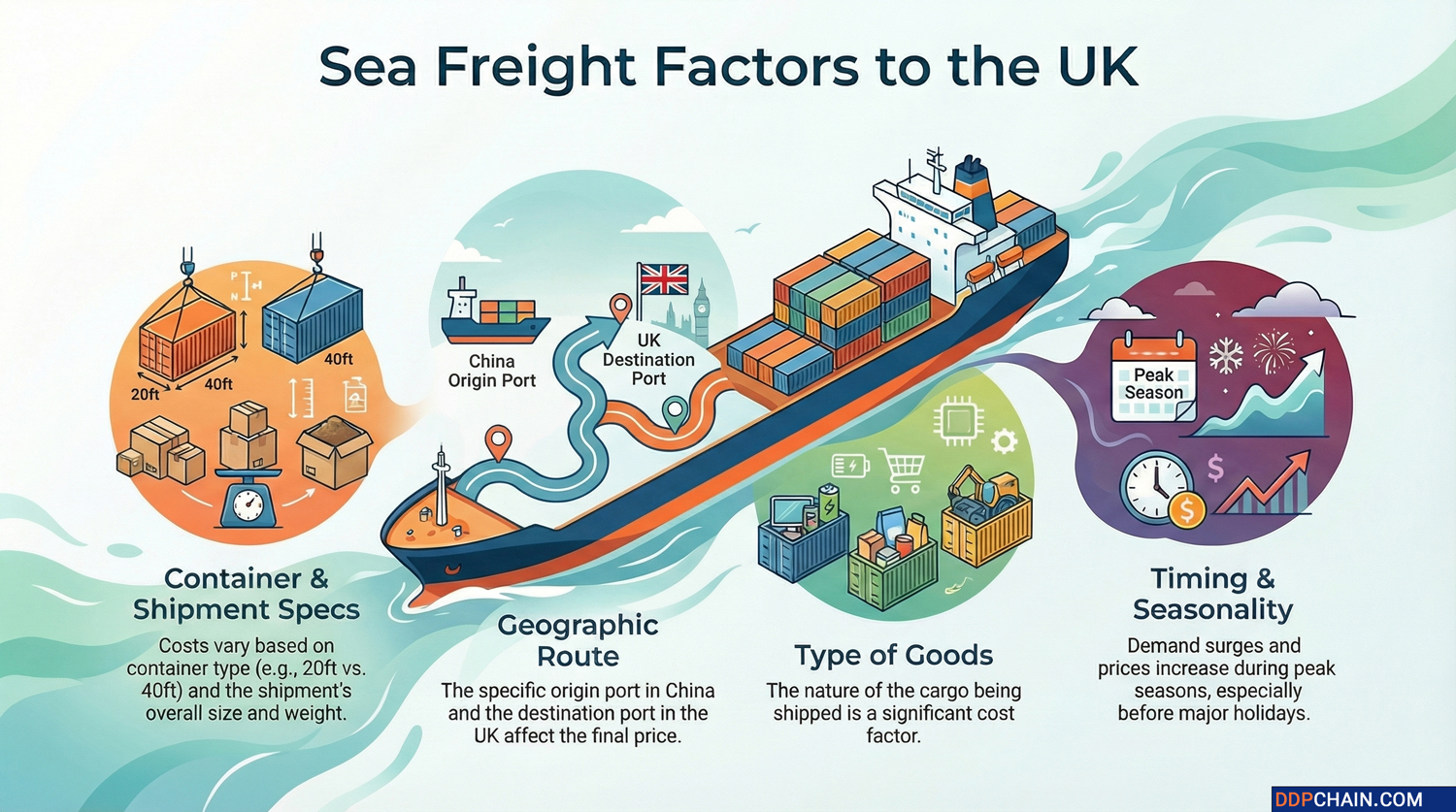 Sea freight from China to UK infographic showing shipping cost factors and transit route