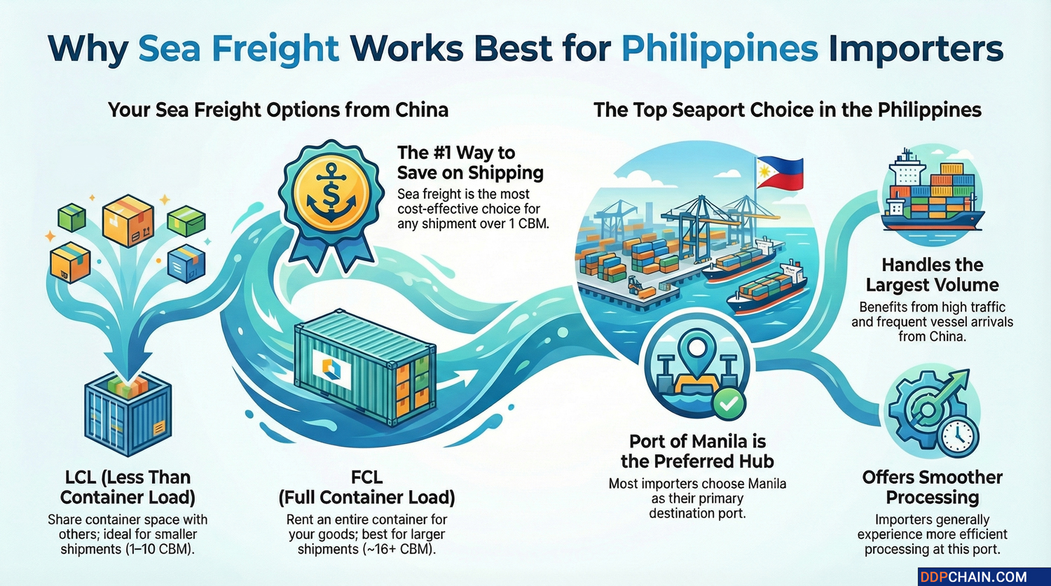 Infographic explaining sea freight from China to the Philippines including LCL, FCL shipping options and Manila port hub