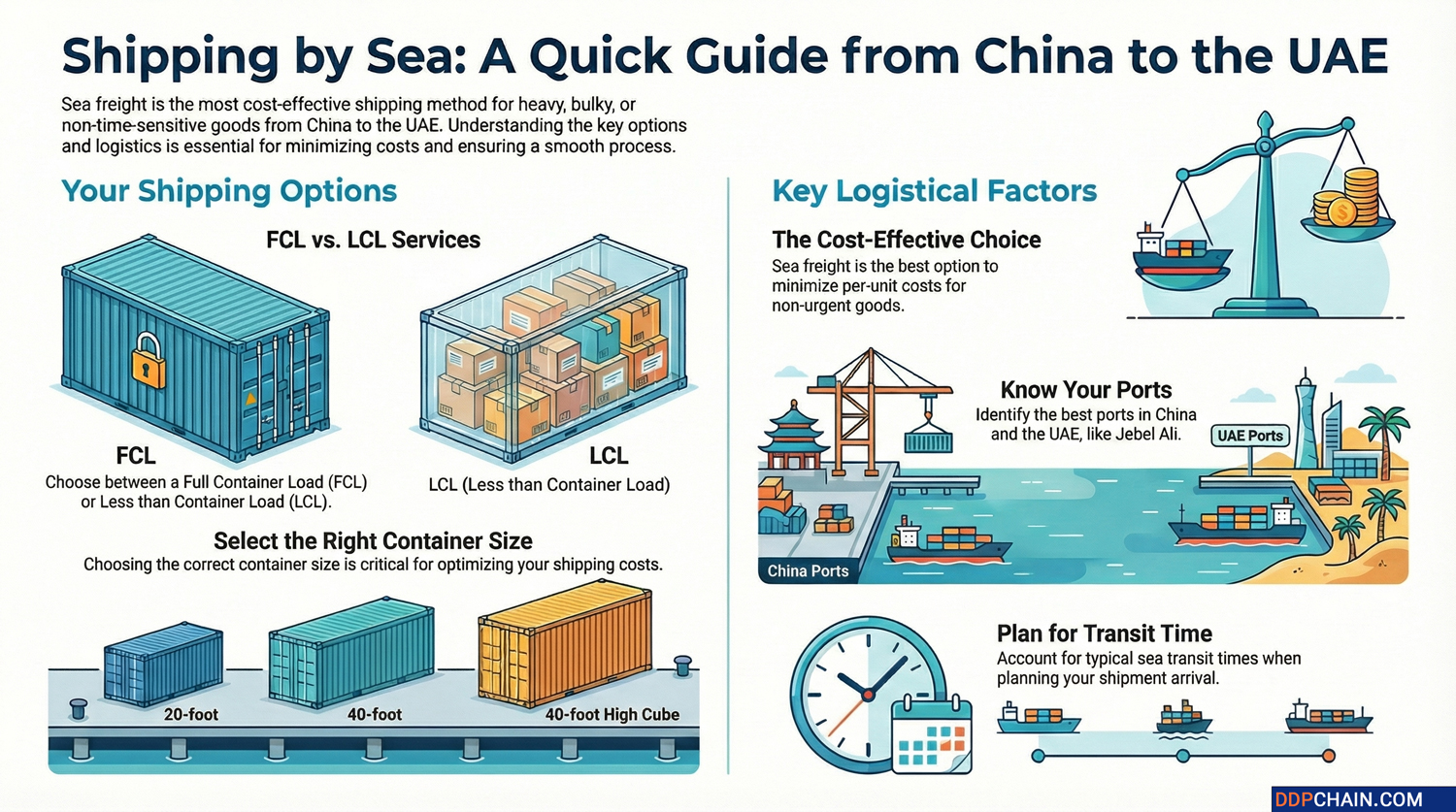 Sea freight from China to UAE infographic showing FCL LCL containers and shipping factors