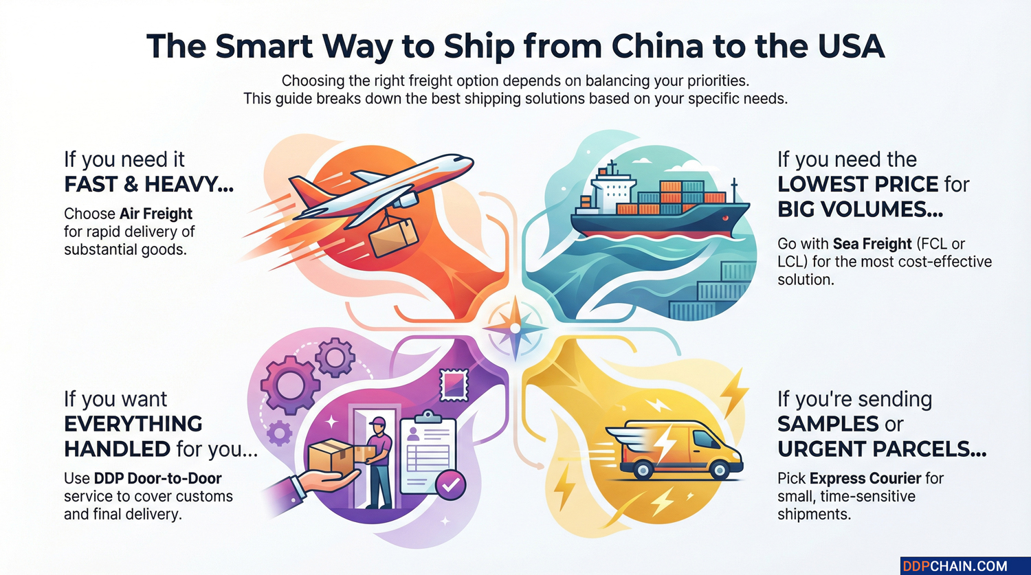 Infographic showing shipping methods from China to USA including air freight, sea freight, DDP, and express courier