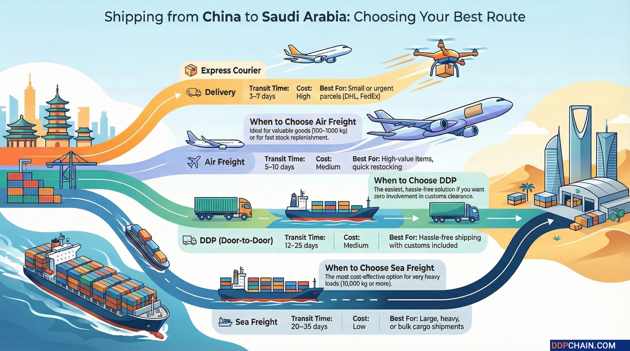 Infographic showing shipping methods from China to Saudi Arabia including express courier, air freight, sea freight and DDP