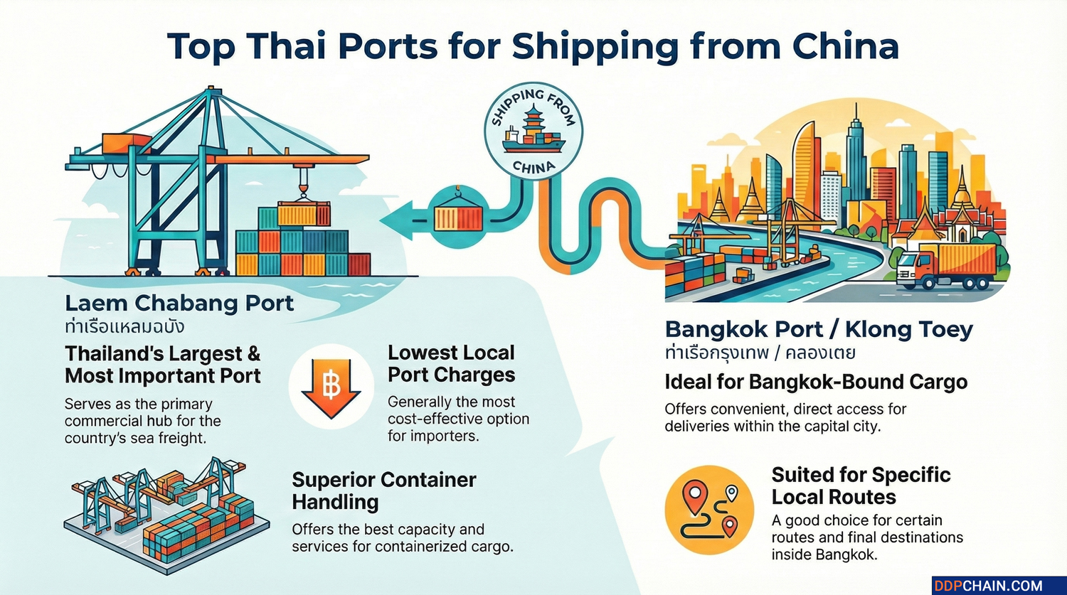 Infographic showing main Thai seaports for shipping from China including Laem Chabang Port and Bangkok Port
