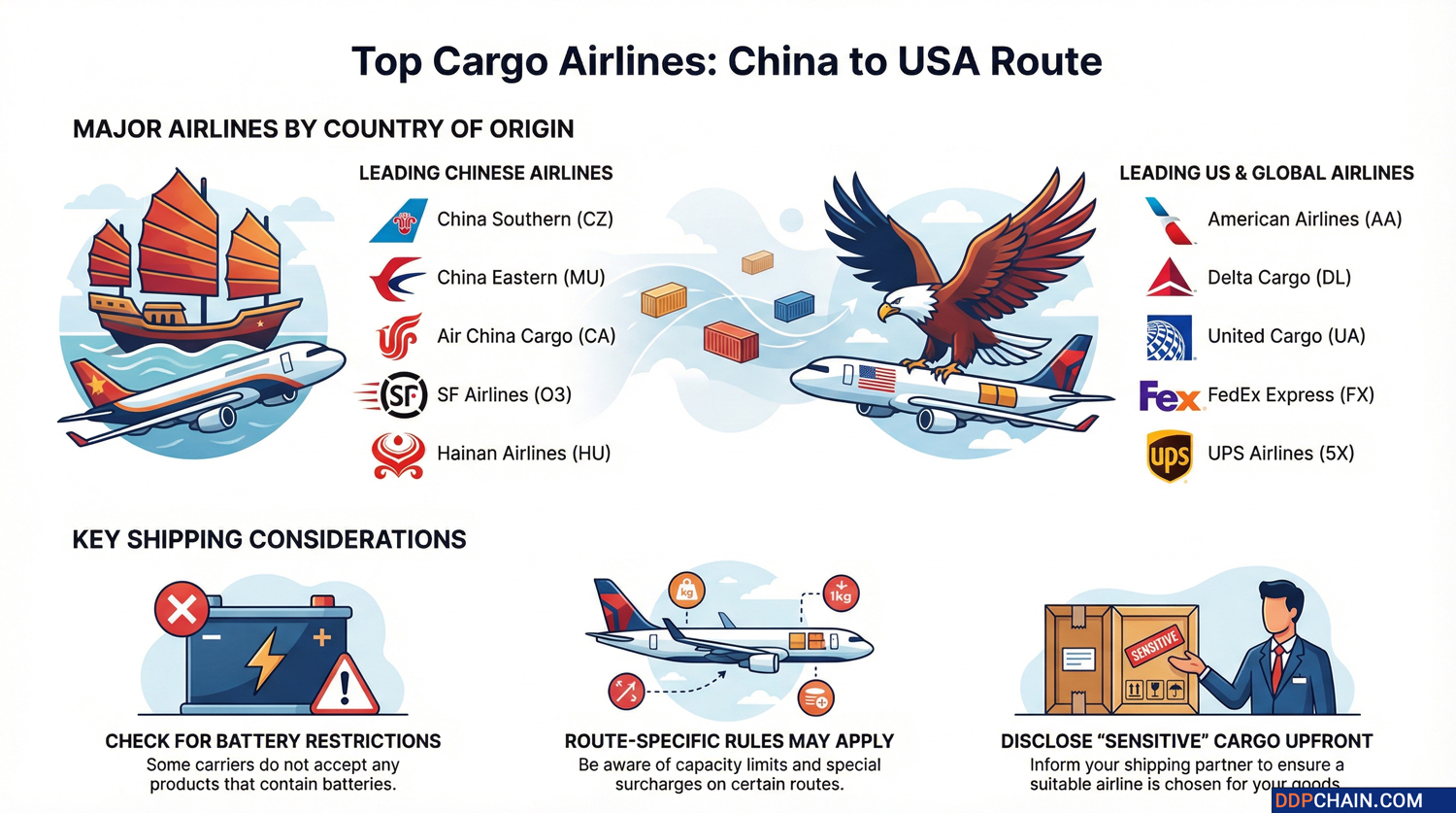 Infographic showing top cargo airlines for air freight shipping from China to the USA including major Chinese and US carriers