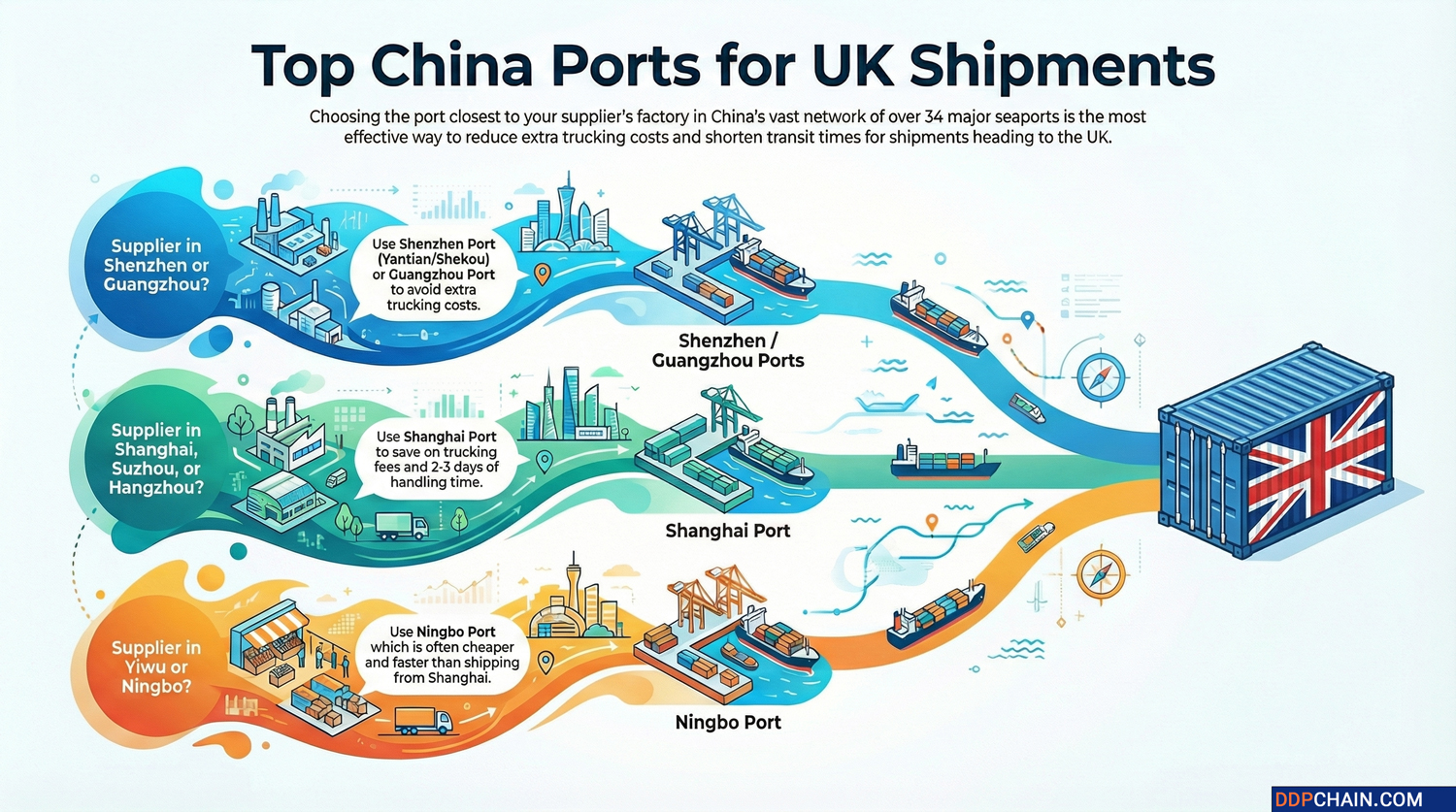 Best Chinese ports for shipping to UK infographic showing Shanghai Shenzhen Guangzhou and Ningbo routes