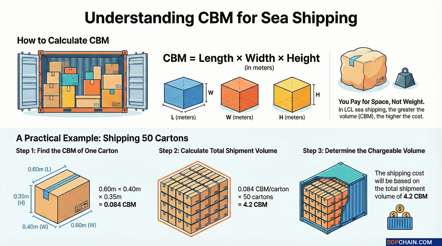 CBM Calculation For Sea Shipping CBM calculation for sea shipping infographic showing container volume formula length width height