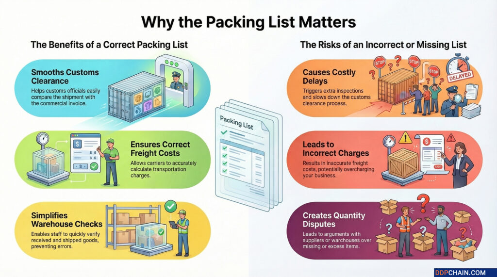 Infographic explaining why packing list matters in shipping from China including customs, freight costs and disputes