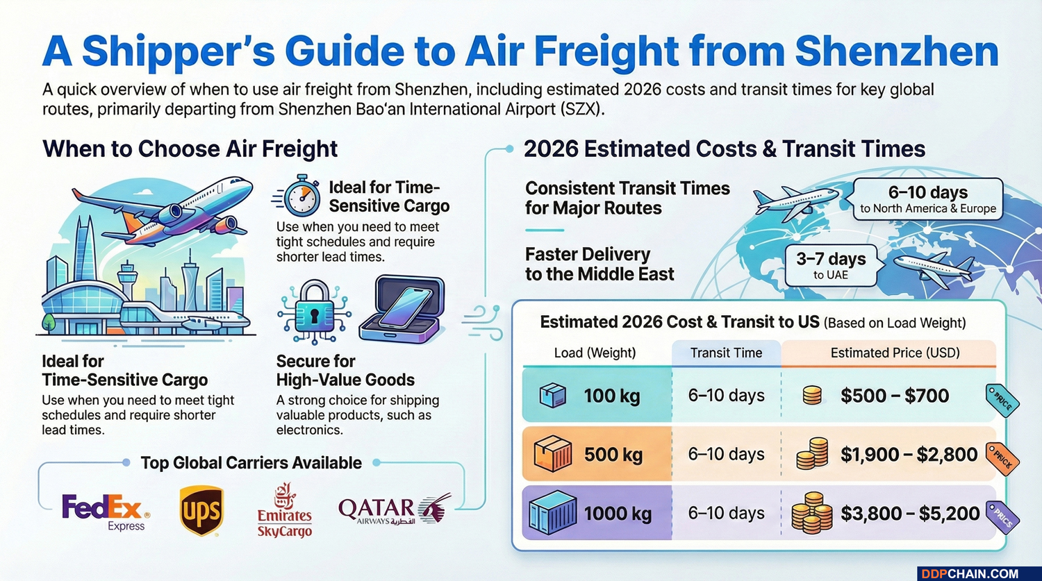 Air freight from Shenzhen infographic showing transit times, estimated costs, and global carrier options