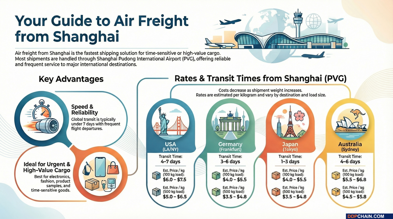 Air freight from Shanghai infographic showing transit times, shipping rates, and key advantages