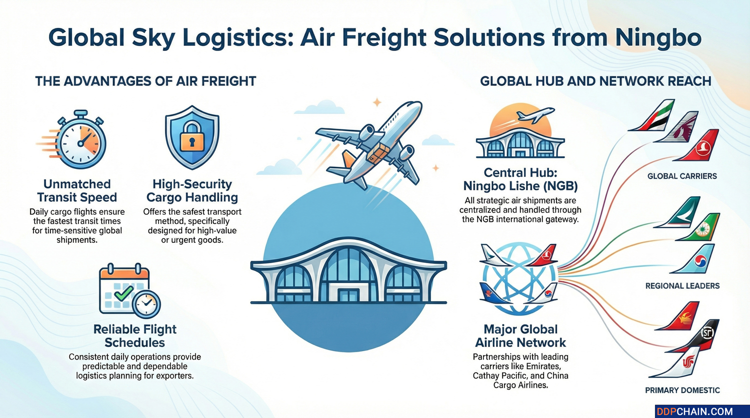 Air freight from Ningbo infographic showing logistics advantages airport hub and global airline network