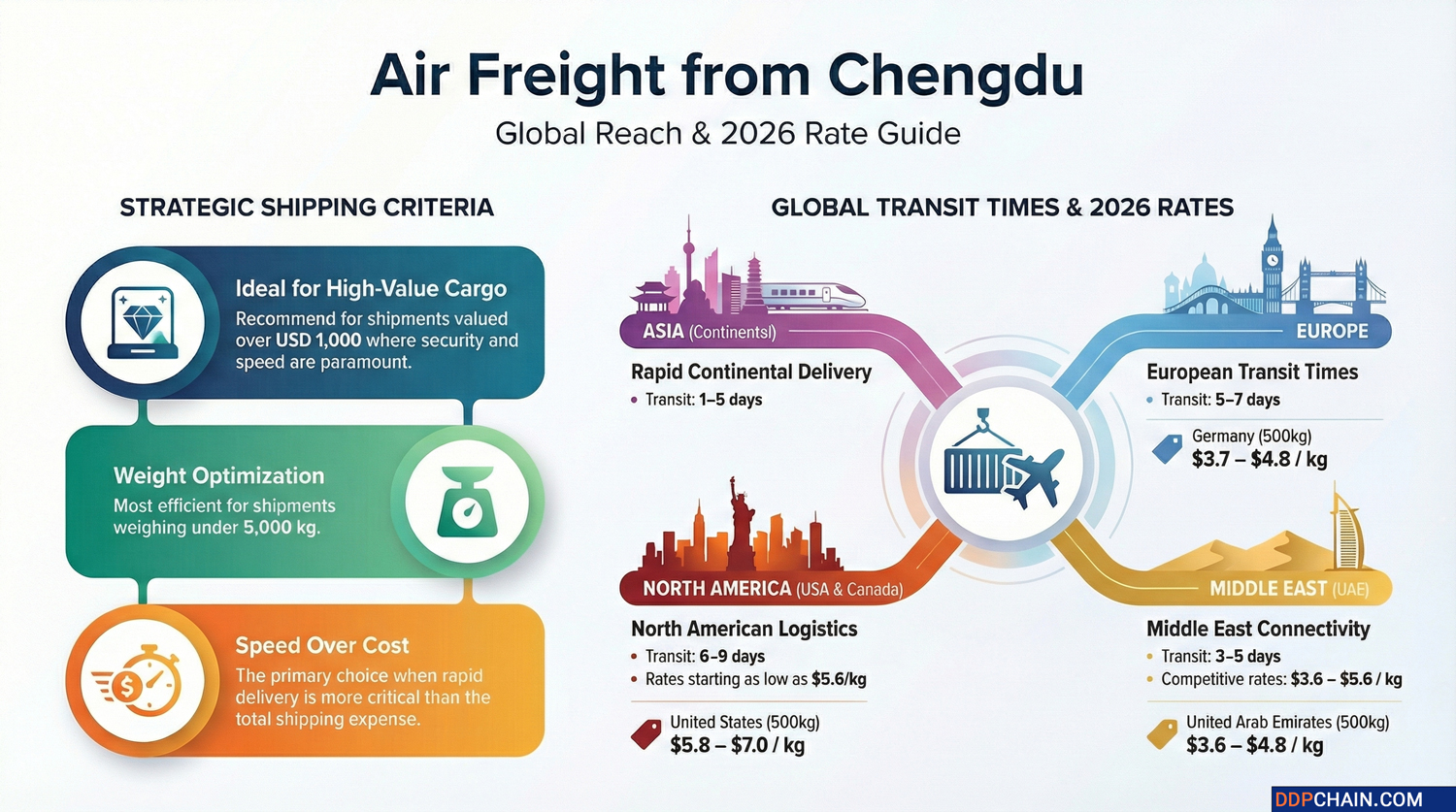Chengdu Air Freight Guide Air freight from Chengdu infographic showing global transit times and cargo shipping rates