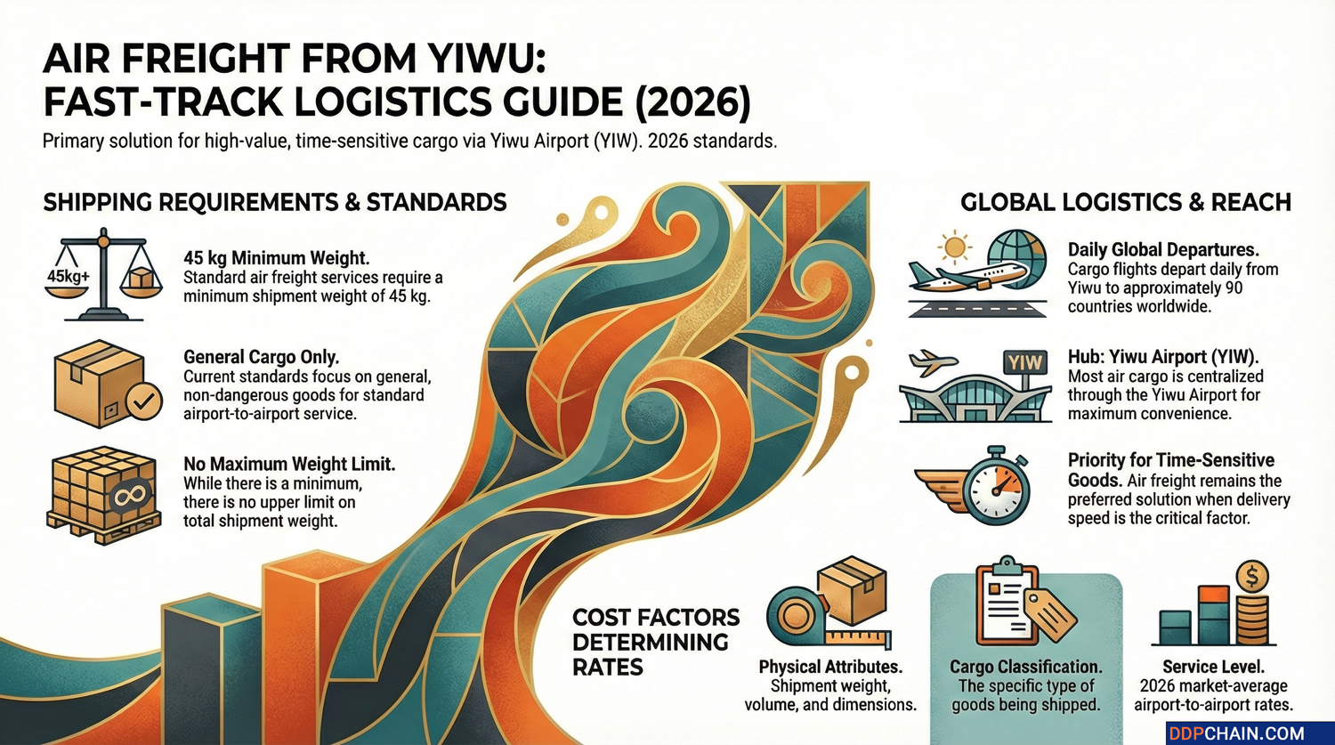 Air freight from Yiwu infographic showing shipping requirements global routes and logistics cost factors