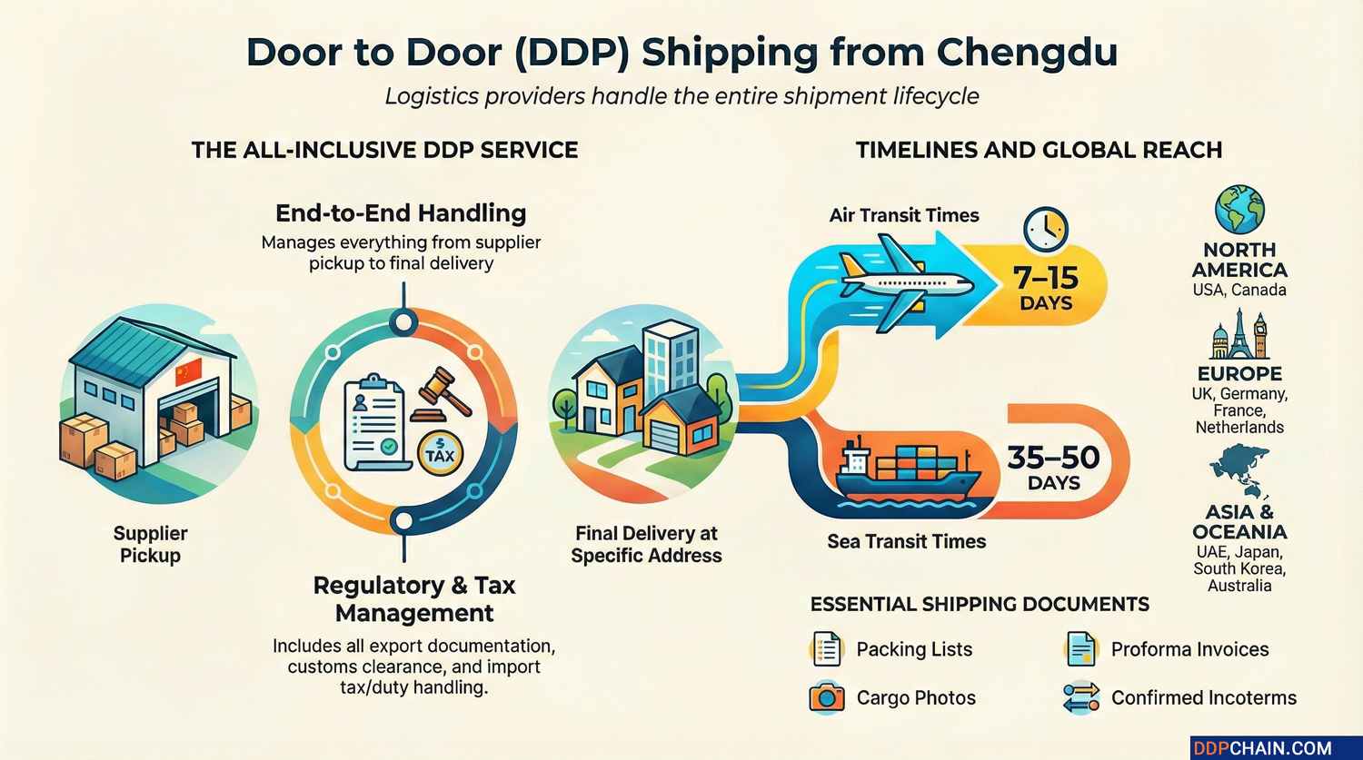 Chengdu DDP Shipping Guide Door to door DDP shipping from Chengdu infographic showing logistics process and transit times